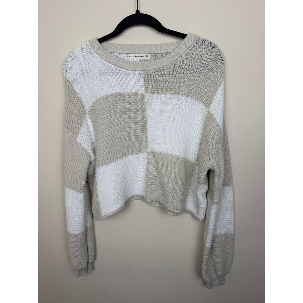 Colorblock Cropped Oversized Crewneck Cozy Women's M Ivory Beige